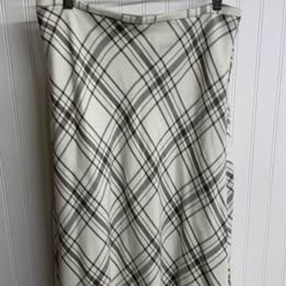 Plaid A-Line Midi Skirt Cream Brown Textured Ribbed Side Zip Size 18